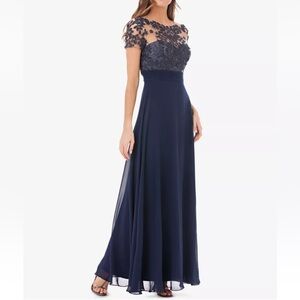 JS COLLECTION Womens Navy Short Sleeve Full-Length Formal Sheath Dress - Reemoly